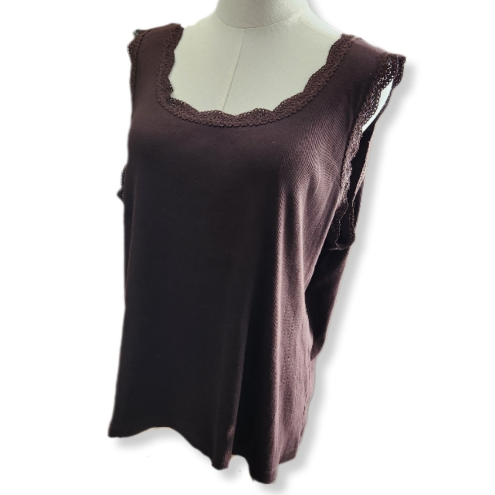 Talbots Woman Rib Knit Tank Top with Lace Detail Brown 2X W-965